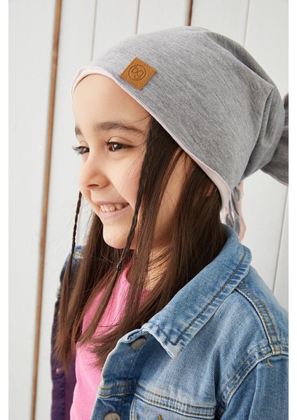 Pudra Gri Çocuk Bebek Bere Boyunluk Set Yumuşak %100 Pamuklu Penye Elit Seri