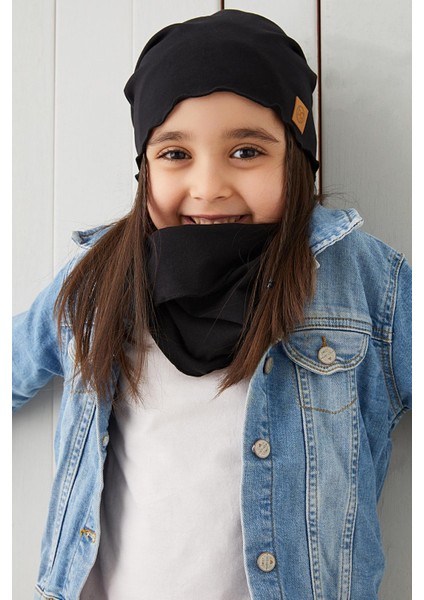 Siyah Kız Çocuk Bebek Bere Boyunluk Set Yumuşak %100 Pamuklu Penye Trend Seri modelleri