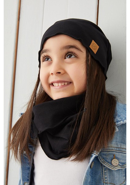 Siyah Kız Çocuk Bebek Bere Boyunluk Set Yumuşak %100 Pamuklu Penye Trend Seri fırsatları