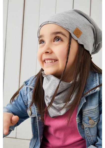 Gri Kız Çocuk Bebek Bere Boyunluk Set Yumuşak %100 Pamuklu Penye Trend Seri