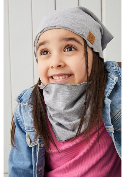 Gri Kız Çocuk Bebek Bere Boyunluk Set Yumuşak %100 Pamuklu Penye Trend Seri modelleri