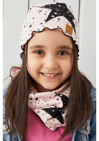 Pudra Siyah Çocuk Bebek Bere Boyunluk Set Yumuşak %100 Pamuklu Penye Yıldız Seri