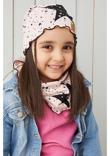 Pudra Siyah Çocuk Bebek Bere Boyunluk Set Yumuşak %100 Pamuklu Penye Yıldız Seri