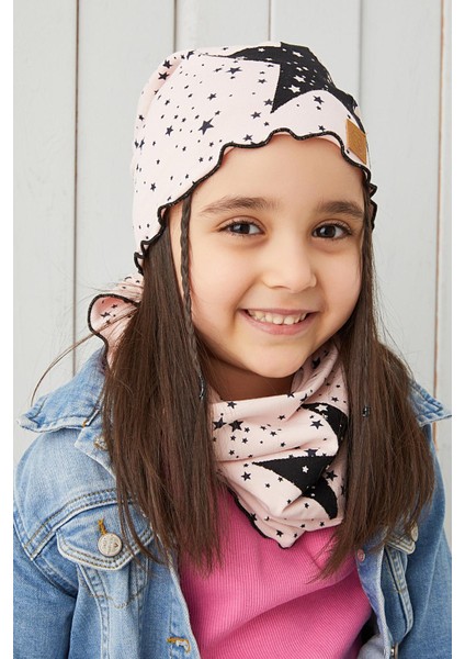 Pudra Siyah Çocuk Bebek Bere Boyunluk Set Yumuşak %100 Pamuklu Penye Yıldız Seri