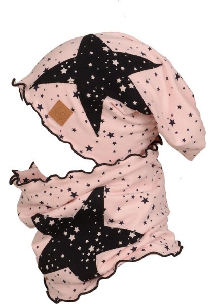 Pudra Siyah Çocuk Bebek Bere Boyunluk Set Yumuşak %100 Pamuklu Penye Yıldız Seri