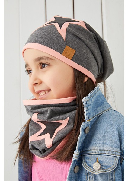 Pudra Gri Çocuk Bebek Bere Boyunluk Set Yumuşak %100 Pamuklu Penye Yıldız Seri