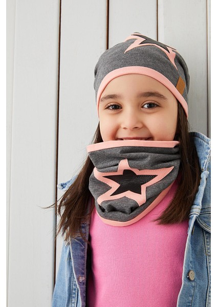 Pudra Gri Çocuk Bebek Bere Boyunluk Set Yumuşak %100 Pamuklu Penye Yıldız Seri