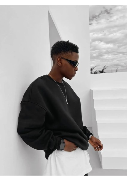 Erkek Siyah Sweatshirt Oversize Kalıp Düşük Omuz Unisex Bisiklet Yaka %100 Içi Pamuklu modelleri