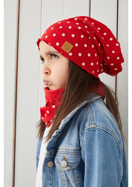 Kırmızı Beyaz Kız Çocuk Bebek Bere Boyunluk Set Yumuşak %100 Pamuklu Penye Trend Seri