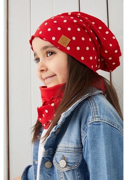 Kırmızı Beyaz Kız Çocuk Bebek Bere Boyunluk Set Yumuşak %100 Pamuklu Penye Trend Seri