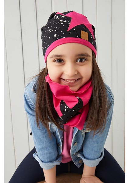 Fuşya Siyah Çocuk Bebek Bere Boyunluk Set Yumuşak %100 Pamuklu Penye Elit Seri