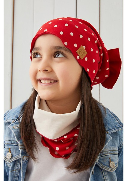 Kırmızı Beyaz Çocuk Bebek Bere Boyunluk Set Yumuşak %100 Pamuklu Penye Elit Seri