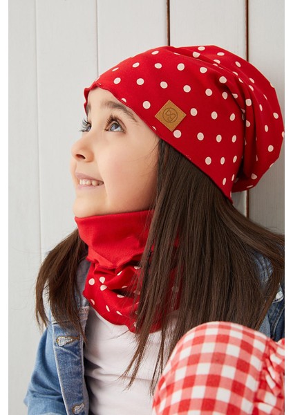 Kırmızı Beyaz Kız Çocuk Bebek Bere Boyunluk Set Yumuşak %100 Pamuklu Penye Trend Seri