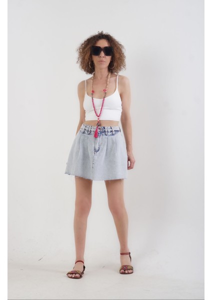 Mavi Pileli Denim Şort Etek