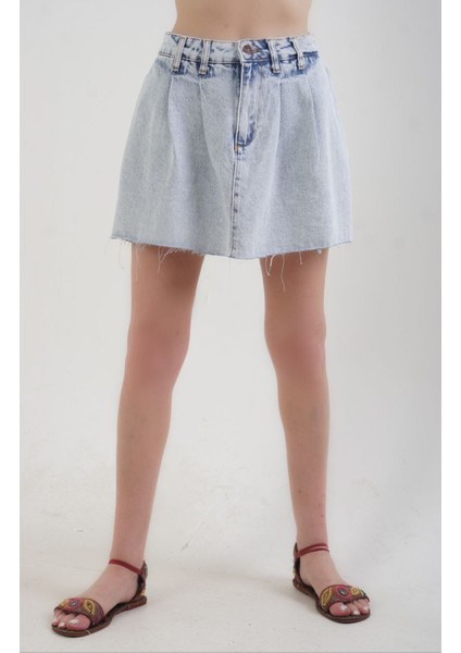 Mavi Pileli Denim Şort Etek modelleri