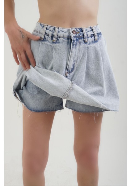 Mavi Pileli Denim Şort Etek indirimleri