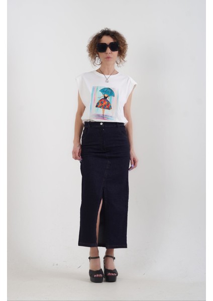 Lacivert Yırtmaçlı Denim Etek indirimleri