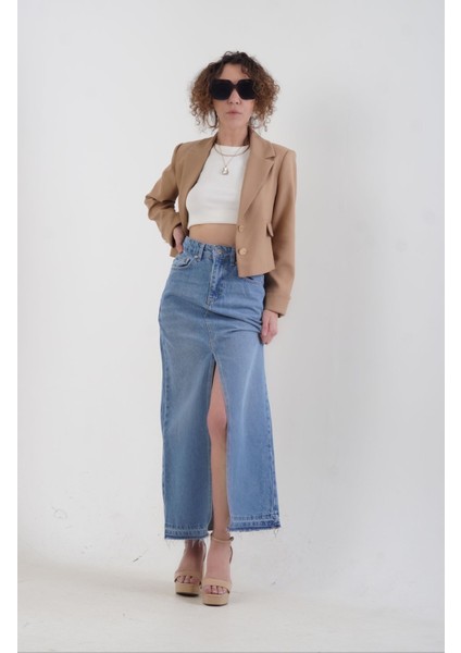 Önü Yırtmaçlı Midi Denim Etek