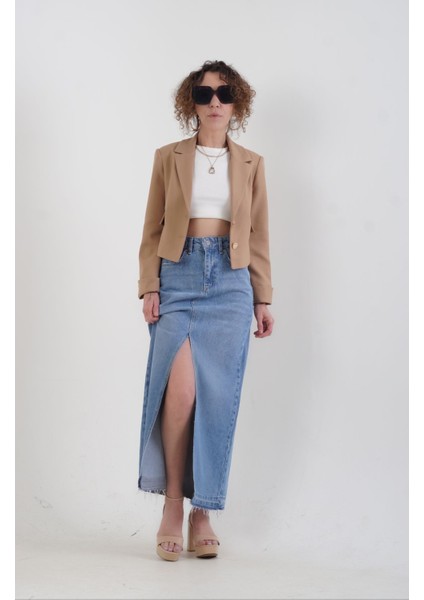 Önü Yırtmaçlı Midi Denim Etek modelleri