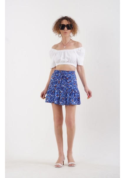 Saks Mavi Faralya Çıtır Çiçek Desenli Şort Etek