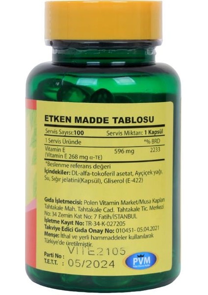 Vitamin E Vitamini 400 IU 268 mg 100 Kapsül fiyatları