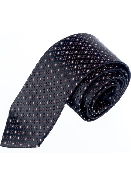 Kahve Geometrik Desenli Jakar Dokuma El Işi Siyah Kravat