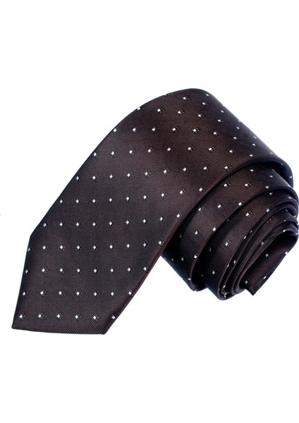 Kahve Üzeri Beyaz Krem Kare Desen Jakar Dokuma El Işi Kravat
