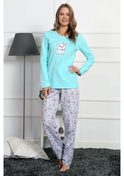 Good Look Mint Yeşili Kadın Bisiklet Yaka Uzun Kollu Iki Iplik Pamuklu Pijama Takım 3230