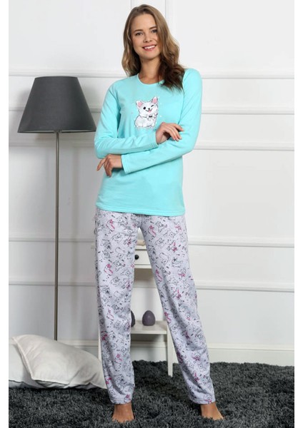 Good Look Mint Yeşili Kadın Bisiklet Yaka Uzun Kollu Iki Iplik Pamuklu Pijama Takım 3230