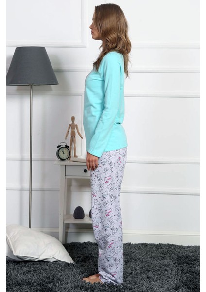 Good Look Mint Yeşili Kadın Bisiklet Yaka Uzun Kollu Iki Iplik Pamuklu Pijama Takım 3230