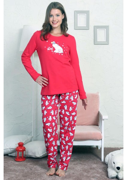 Good Look Kırmızı Kadın Bisiklet Yaka Uzun Kollu Iki Iplik Pamuklu Pijama Takım 3257