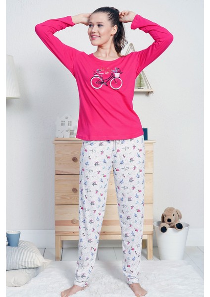 Fuşya Kadın Süprem Penye Eteği Oval Uzun Kollu Bisiklet Yaka Dar Paça Pijama Takım 0267