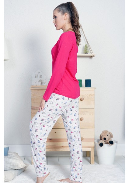 Fuşya Kadın Süprem Penye Eteği Oval Uzun Kollu Bisiklet Yaka Dar Paça Pijama Takım 0267 modelleri