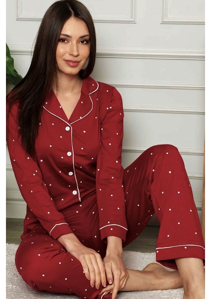 Kadın Bordo Yıldız Desenli Boydan Düğmeli Gömlek Yaka Uzun Kollu Pijama Takımı EDY2576UK-B