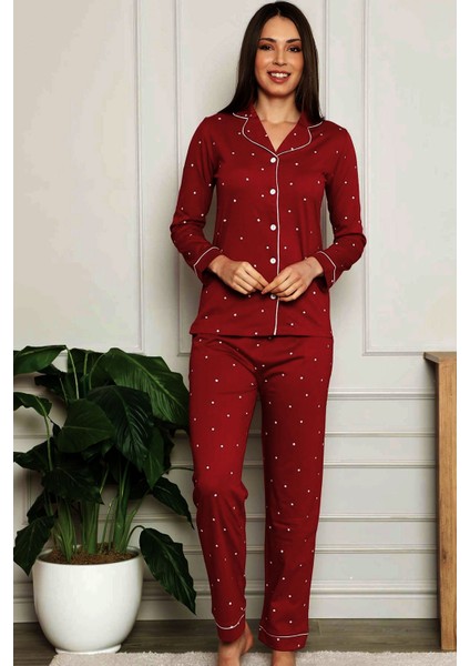 Kadın Bordo Yıldız Desenli Boydan Düğmeli Gömlek Yaka Uzun Kollu Pijama Takımı EDY2576UK-B