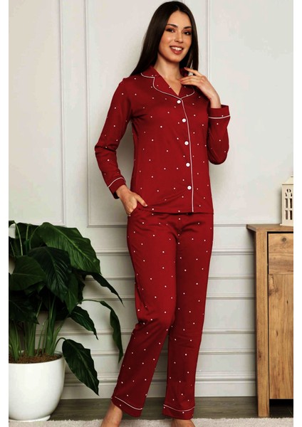 Kadın Bordo Yıldız Desenli Boydan Düğmeli Gömlek Yaka Uzun Kollu Pijama Takımı EDY2576UK-B