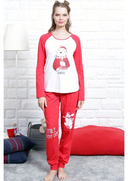 Kımızı Kadın Süprem Penye 0 Yaka Reglan Uzun Kol Eteği Oval Manşetli Pijama Takım 3098K modelleri