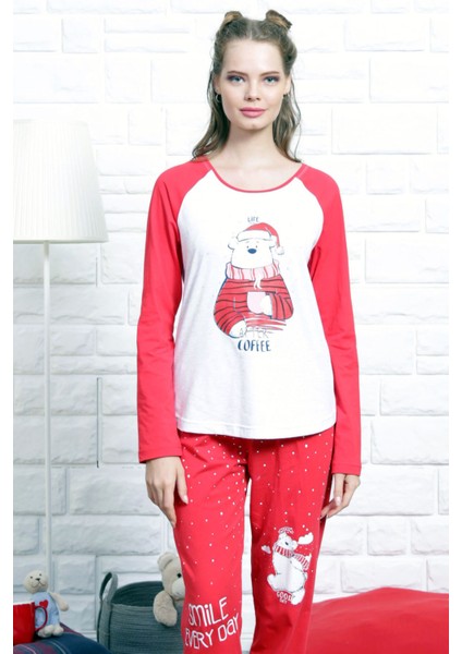 Kımızı Kadın Süprem Penye 0 Yaka Reglan Uzun Kol Eteği Oval Manşetli Pijama Takım 3098K fırsatları