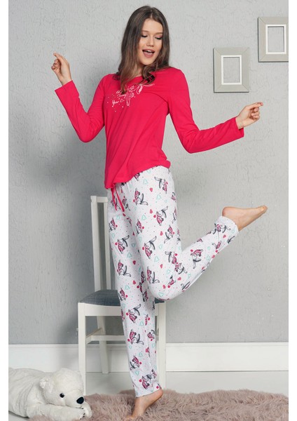 Kırmızı Kadın Süprem Penye Eteği Oval Uzun Kollu O Yaka Dar Paça Pijama Takım 5628