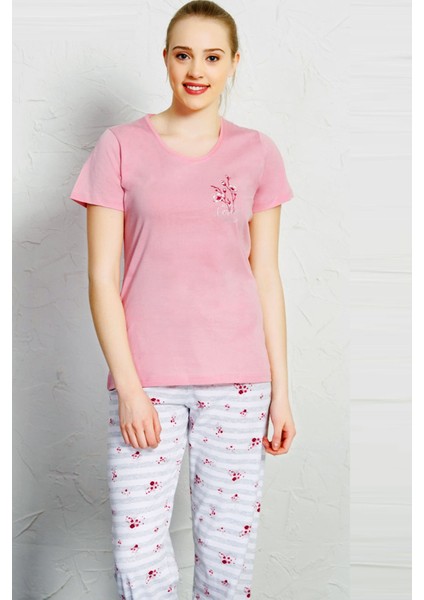 Pembe Kadın Kısa Kol Bisiklet Yaka Pijama Takım 5718