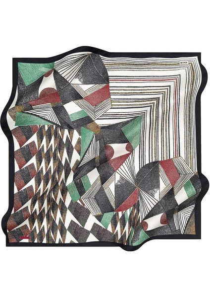 Siyah-Krem Geometrik Desen Tivil Ipek Eşarp 8413713-911