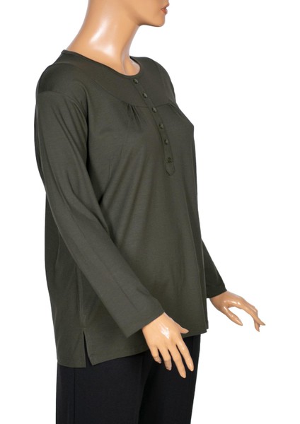 Cimariva Kadın Arsu Büyük Beden Robalı Süs Düğmeli Haki Bluz modelleri