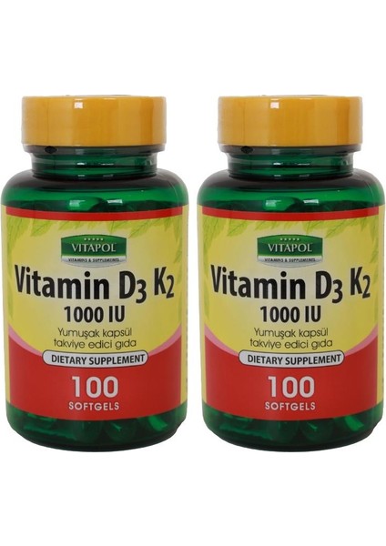 D3 Vitamini K2 Vitamini 2 x 100 Softgel Vitamin D3 Vitamin K2