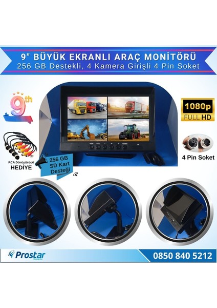 Kayıtlı 9" Monitörlü Ahd 720P/1080P Uyumlu 256GB Sd Destekli