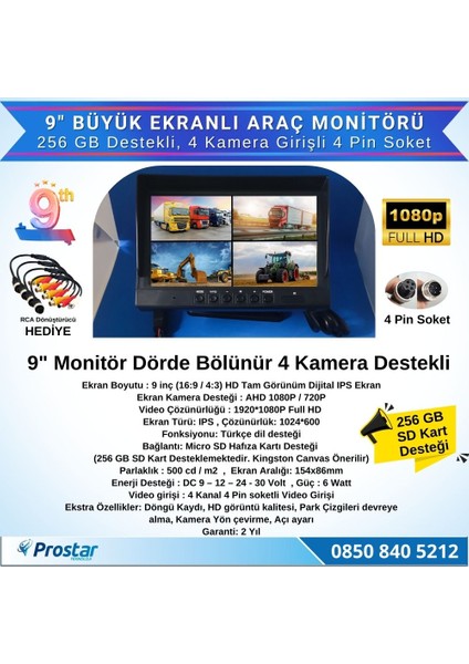 Kayıtlı 9" Monitörlü Ahd 720P/1080P Uyumlu 256GB Sd Destekli