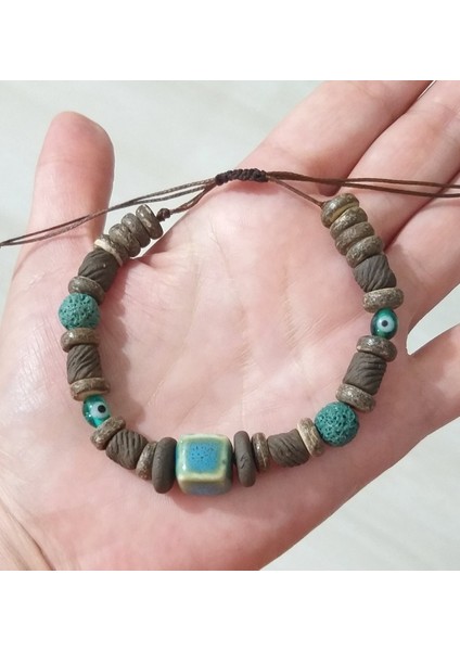Küp Şeklinde Seramik ve Toprak Boncuklu Nazar Boncuklu Lav Taşlı Unisex Bileklik indirimleri