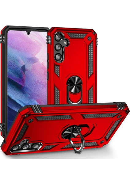 Case World Samsung Galaxy A34 Kapak Military Yüzüklü Stantlı Panzer Tank Kılıf - Kırmızı