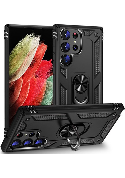 Case World Samsung Galaxy S23 Ultra Kapak Military Yüzüklü Stantlı Panzer Tank Kılıf - Siyah