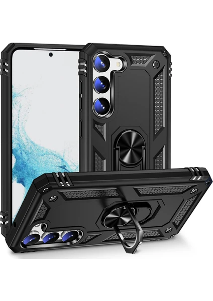 Case World Samsung Galaxy S23 Kapak Military Yüzüklü Stantlı Panzer Tank Kılıf - Siyah