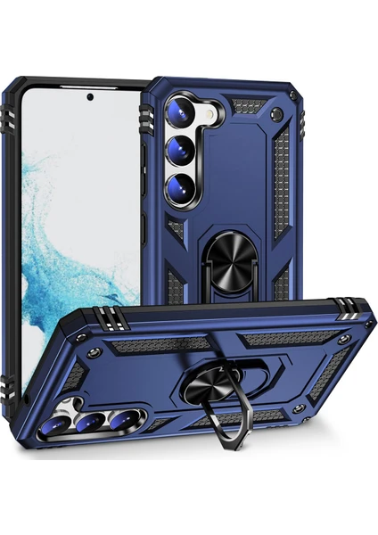 Case World Samsung Galaxy S23 Plus Kapak Military Yüzüklü Stantlı Panzer Tank Kılıf - Lacivert